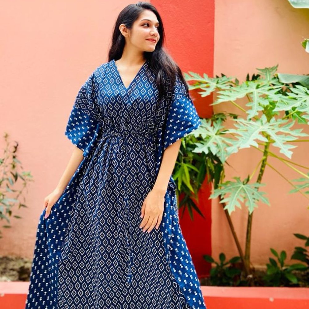 BRAND NEW Blue Cotton Long Caftan Beach Cover up Printed Kaftan Dress